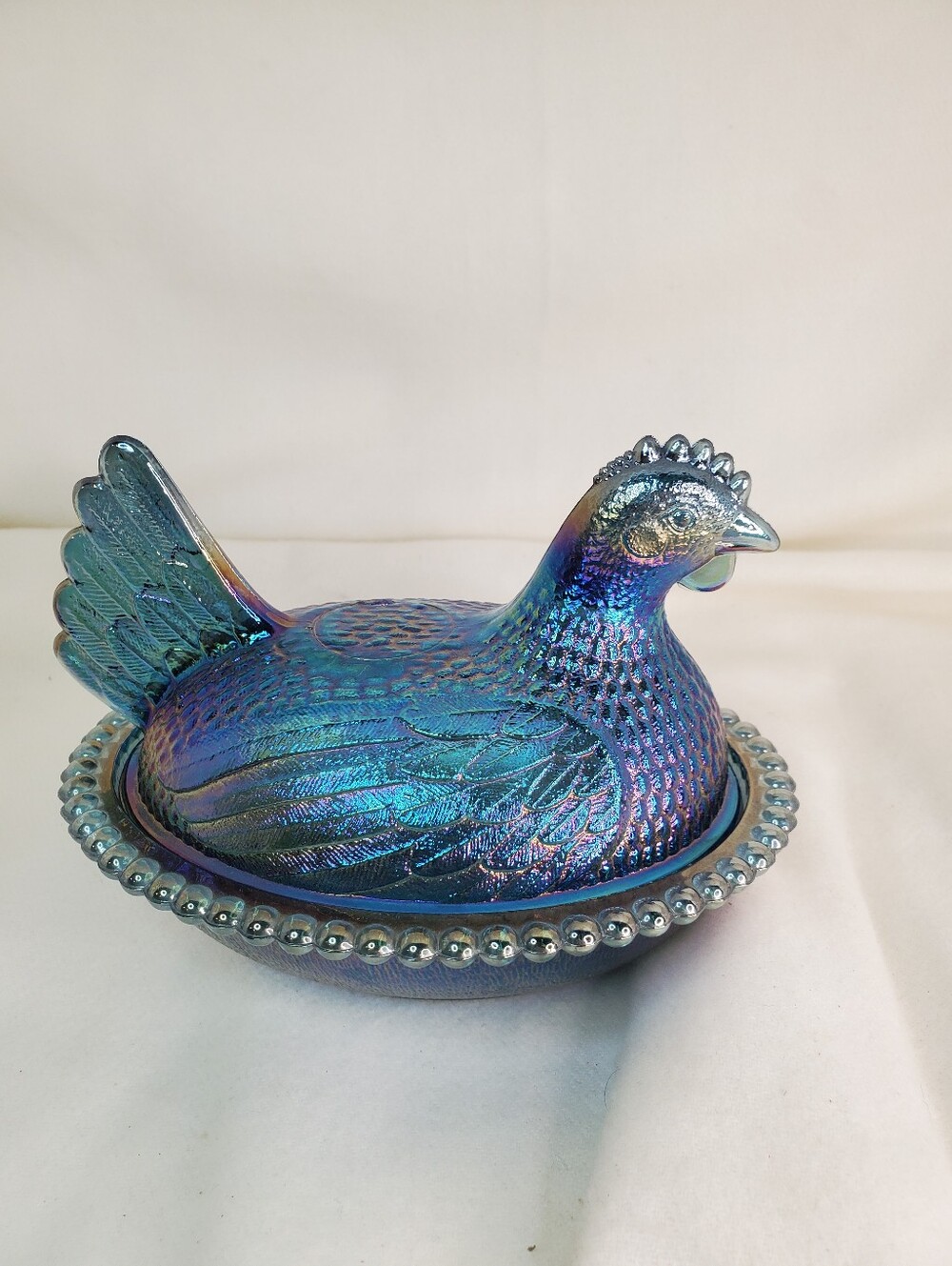 Vintage Iridescent Blue Glass Chicken Hen Nesting Dish